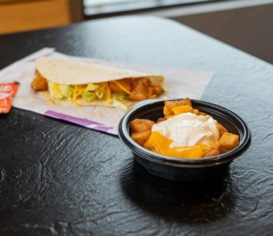 Taco Bell Welcomes Back Potatoes, Announces New Partnership With Beyond Meat Taco Bell Spicy Potato Soft Taco and Cheesy Fiesta Potatoes side by side