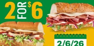 Two 6-Inch Subs for $6 at Subway on 2/6/26 Two 6-Inch Subs for $6 at Subway on 2-6-26