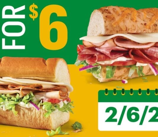 Two 6-Inch Subs for $6 at Subway on 2/6/26 Two 6-Inch Subs for $6 at Subway on 2-6-26